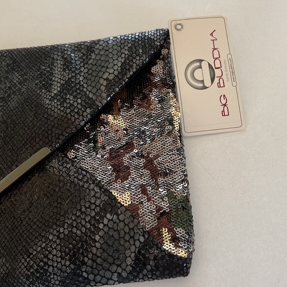 Big Buddha Black Snakeskin Pattern and Sequined Envelope Clutch NWT - Picture 3 of 6